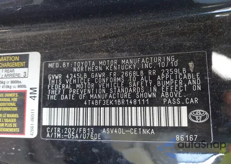 2011 Toyota Camry Le z USA, uszkodzony, nr VIN 4T4BF3EK1BR148111